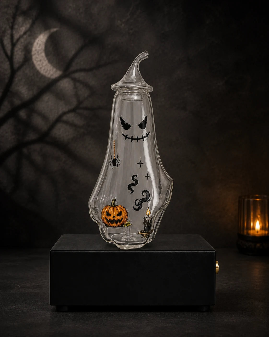 Ghost bottle decorated with pumpkin, candle, smoke, star, and spider stickers and an evenly distributed subtle aromatic mist inside