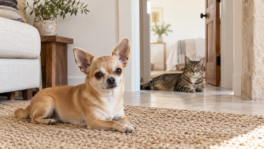 A tan Chihuahua and a tabby cat resting in an airy home with an open doorway
