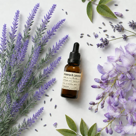 Essential Oil No.68 Wisteria & Lavender Veil botanical flat lay