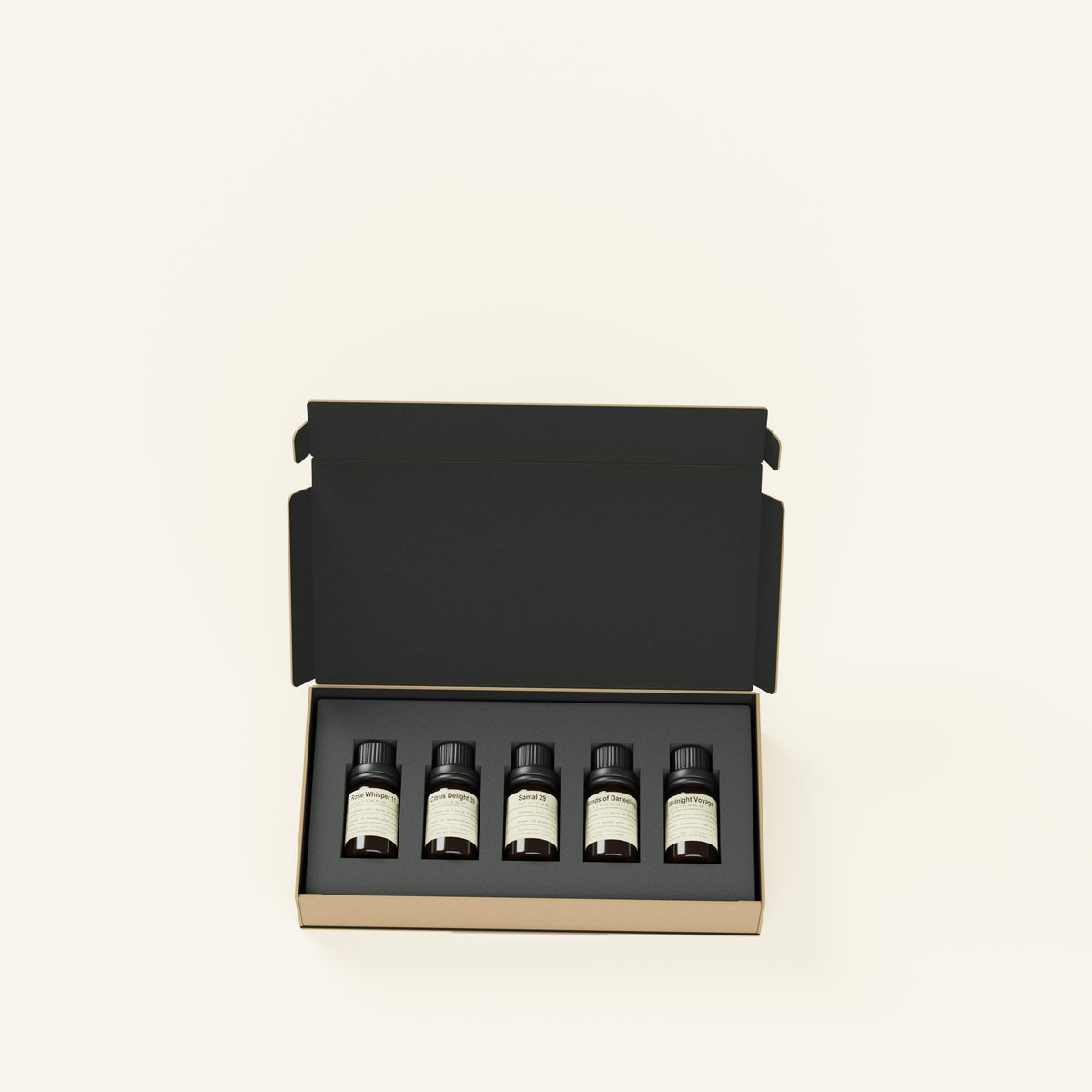 Open Charabanc Aroma Discovery Set with five 10ml fragrance bottles on the brand cream background