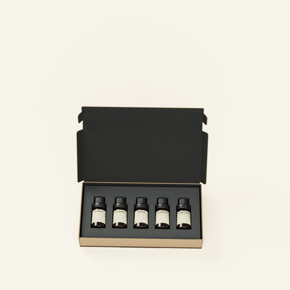 Open Charabanc Aroma Discovery Set with five 10ml fragrance bottles on the brand cream background