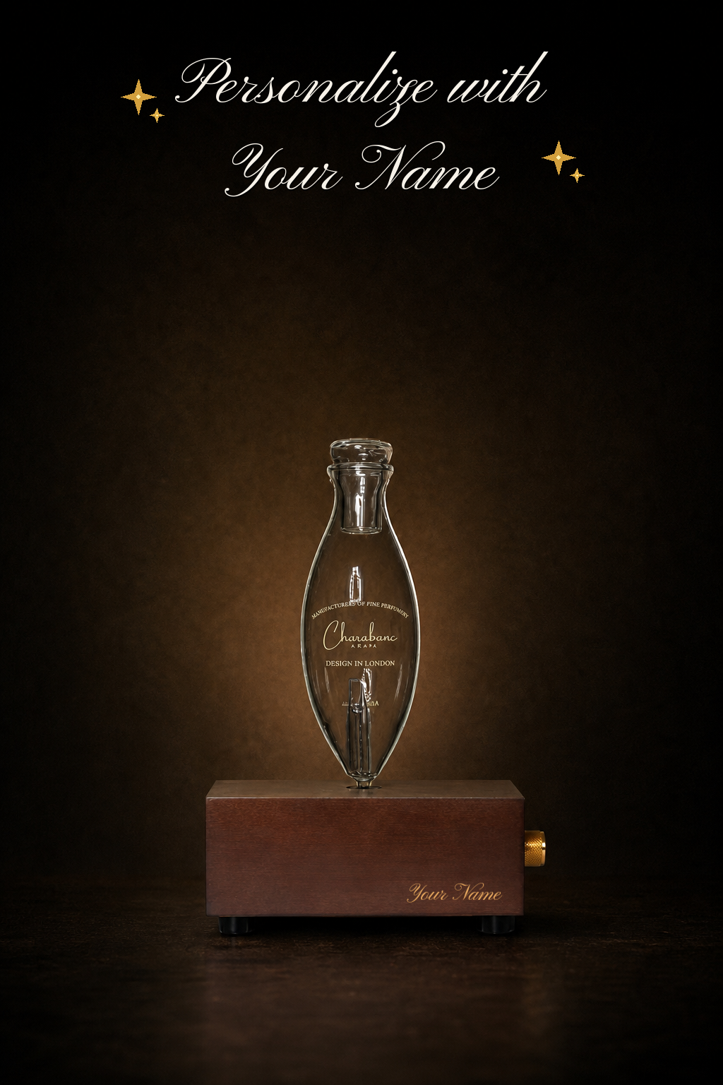 Charabanc Aroma Brown MINI diffuser with clearly visible Pinyon Script personalization