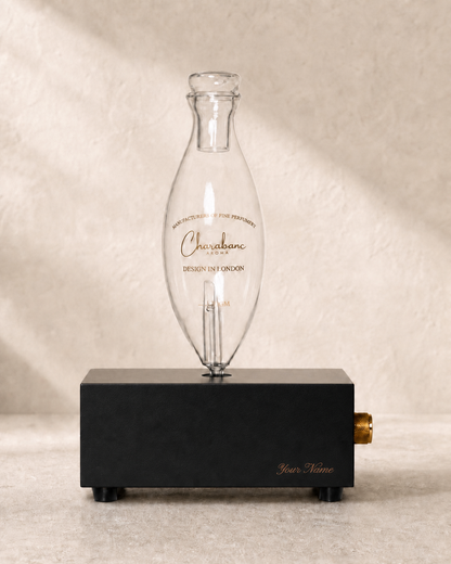 Charabanc Aroma MINI engraved diffuser in Black with readable warm copper laser engraving