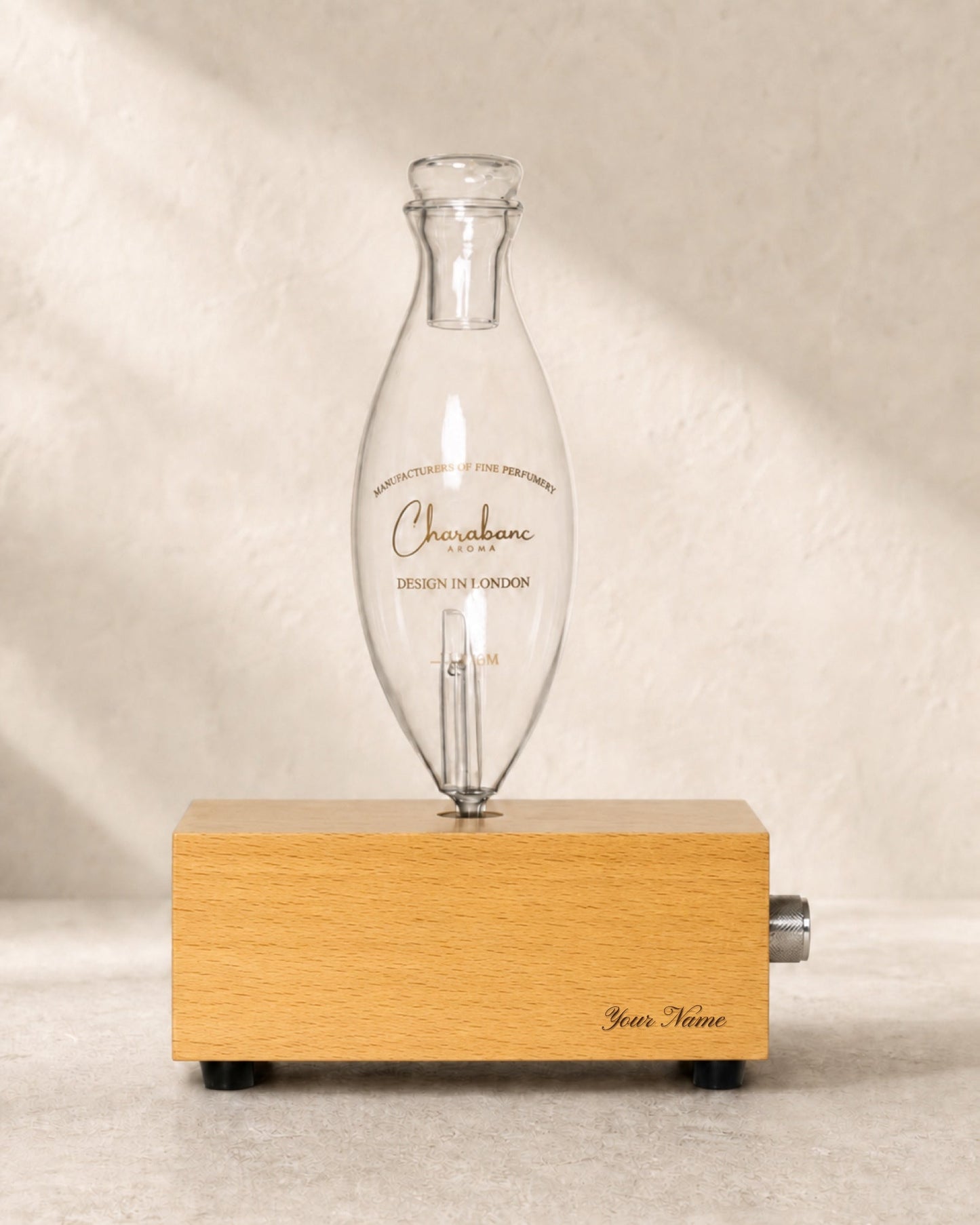 Charabanc Aroma MINI engraved diffuser in Honey-Toned wood with Pinyon Script personalization