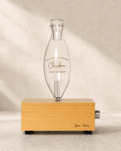 Charabanc Aroma MINI engraved diffuser in Honey-Toned wood with Pinyon Script personalization