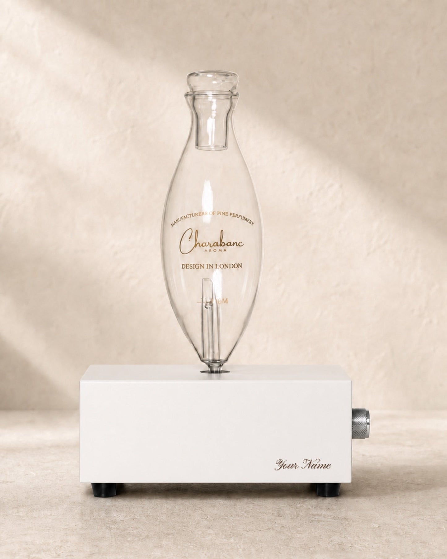 Charabanc Aroma MINI engraved diffuser in White with Pinyon Script personalization