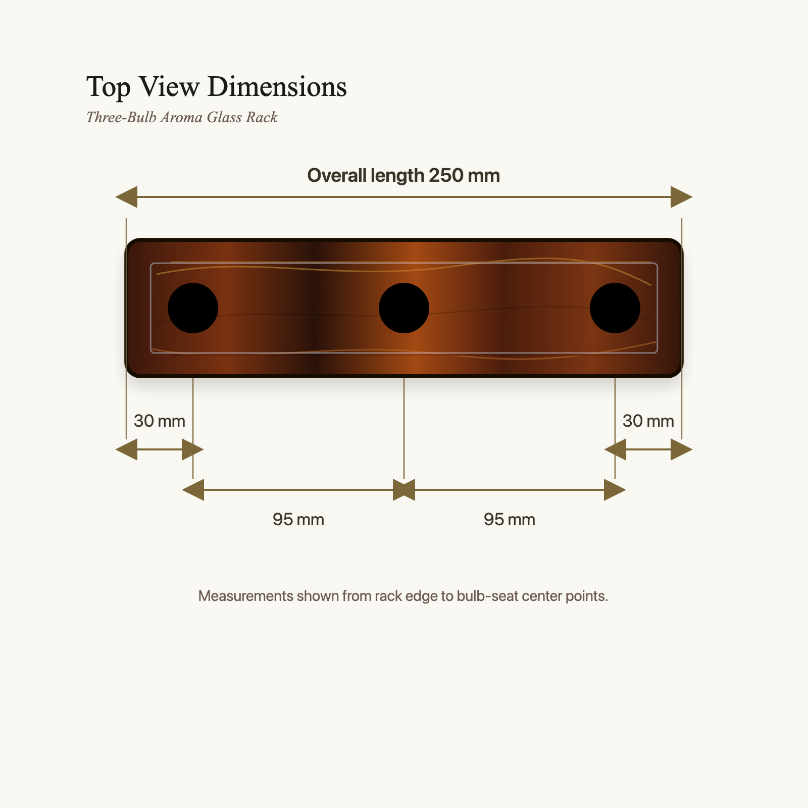 Top view dimension diagram for the Three-Bulb Aroma Glass Rack