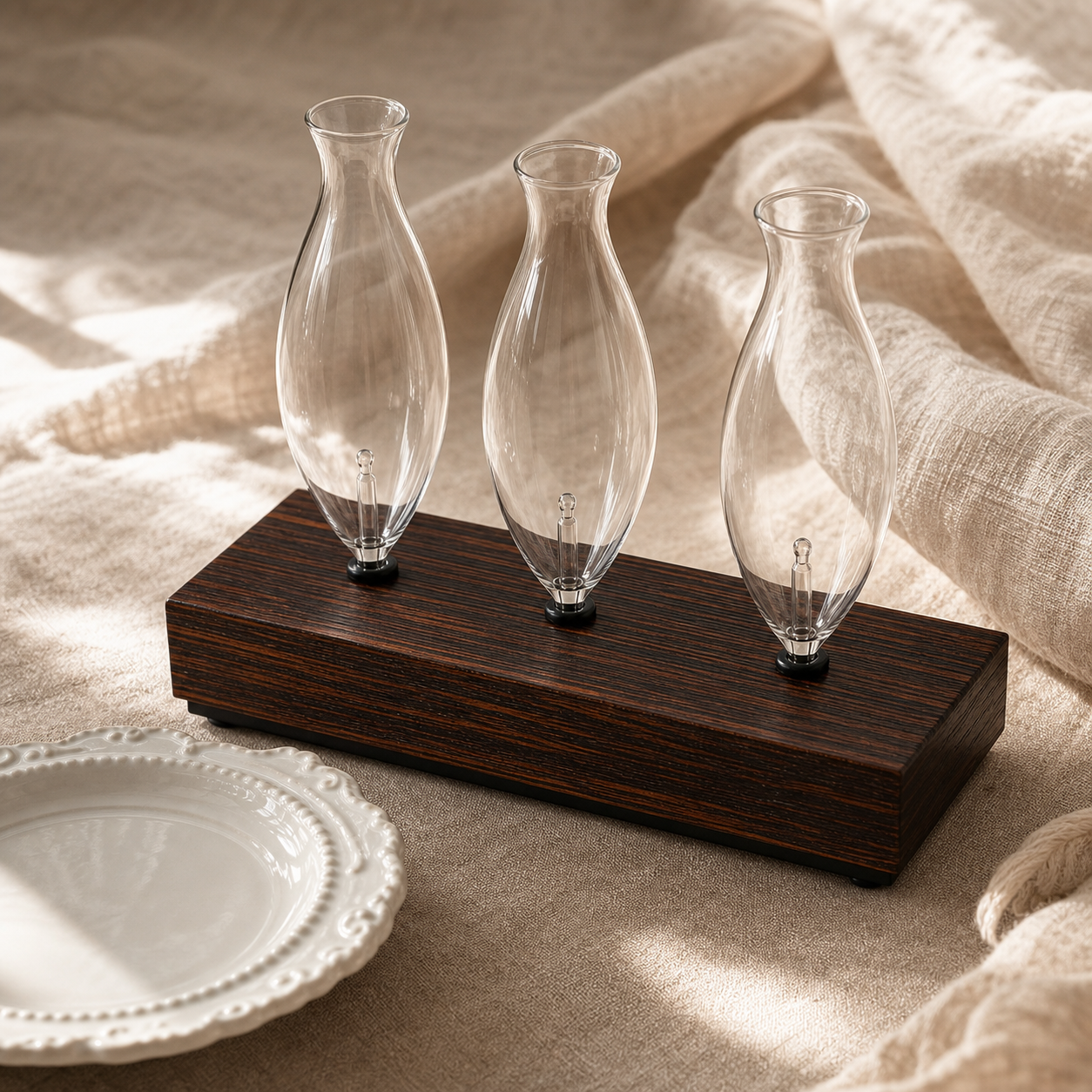 Three-Bulb Aroma Glass Rack styled on linen with three clear glass bulbs