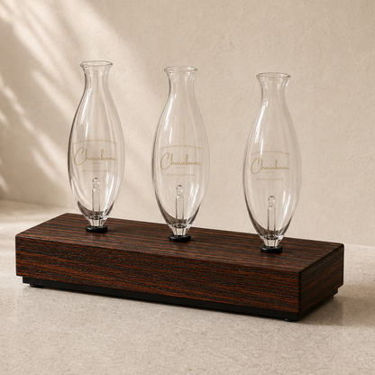 Heritage Aroma Glass Bulb Holder styled on linen with three Charabanc glass bulbs