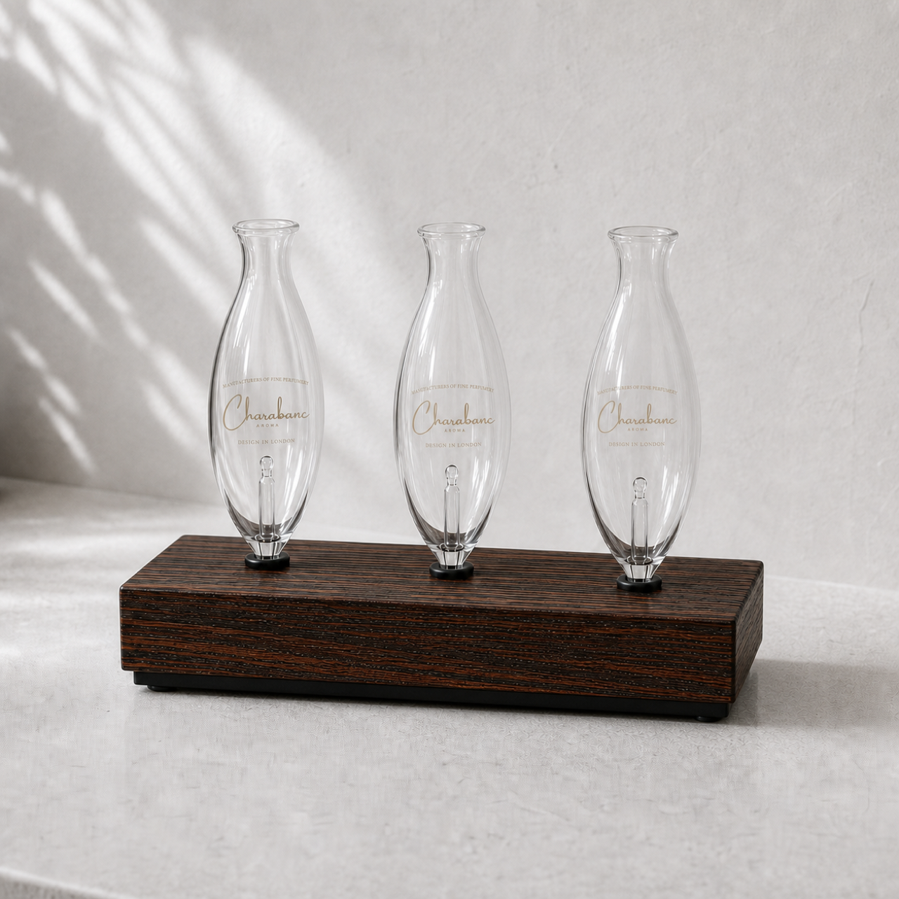 Heritage Aroma Glass Bulb Holder with three Charabanc glass bulbs and Heritage wood base