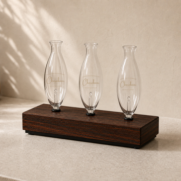 Heritage Aroma Glass Bulb Holder with three Charabanc glass bulbs and Heritage wood base