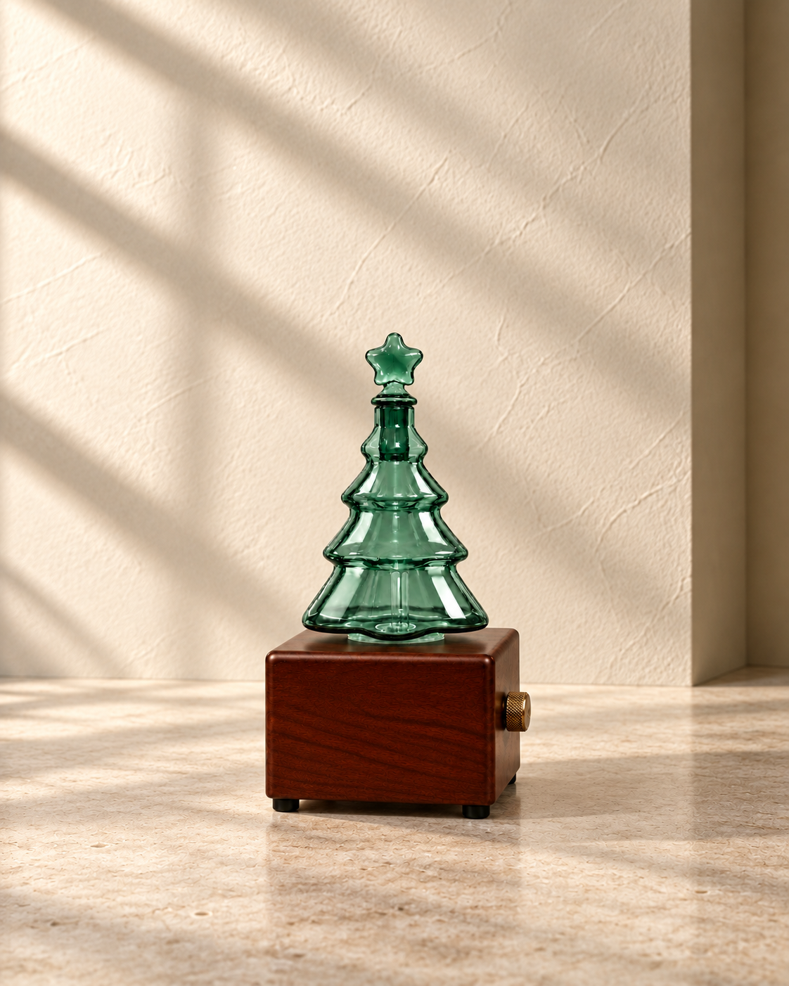 Wood-finish Christmas tree diffuser with unlit translucent green glass and a blank front panel.