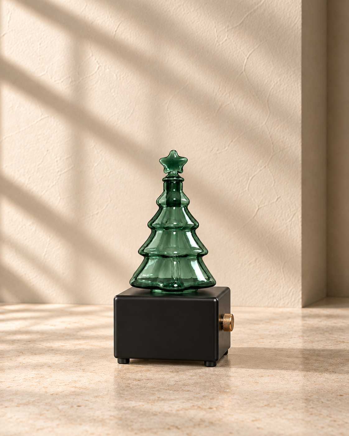 Black Christmas tree diffuser with unlit translucent green glass and a blank front panel.