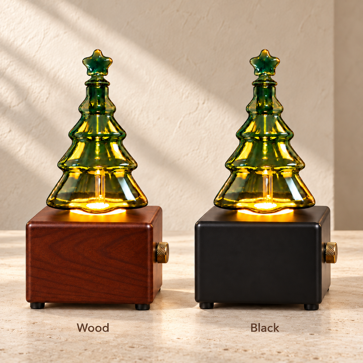 Wood and Black Christmas tree diffusers together in the same soft daylight setting.