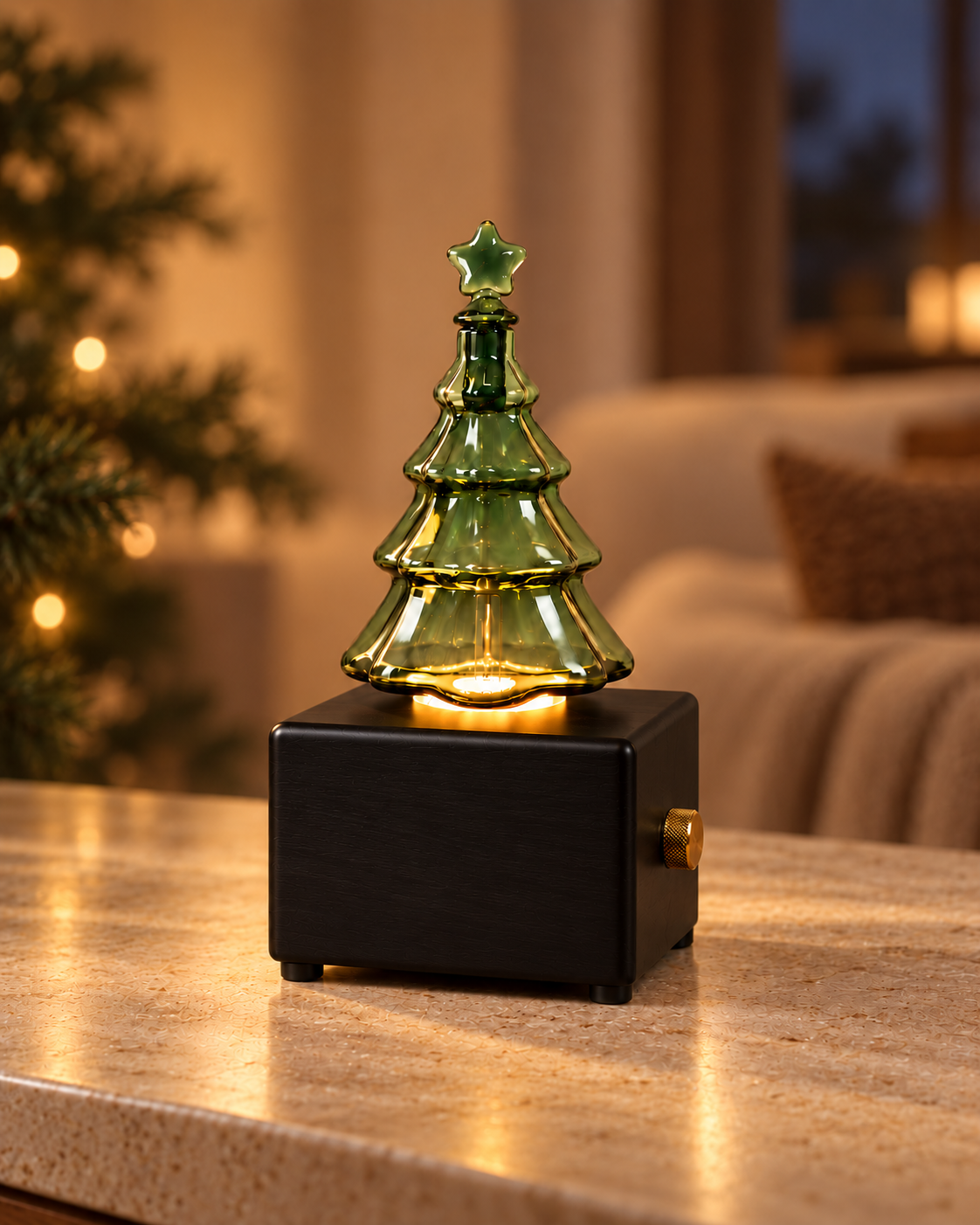 Black Christmas tree diffuser on a cream stone console in a warm brown Christmas setting.