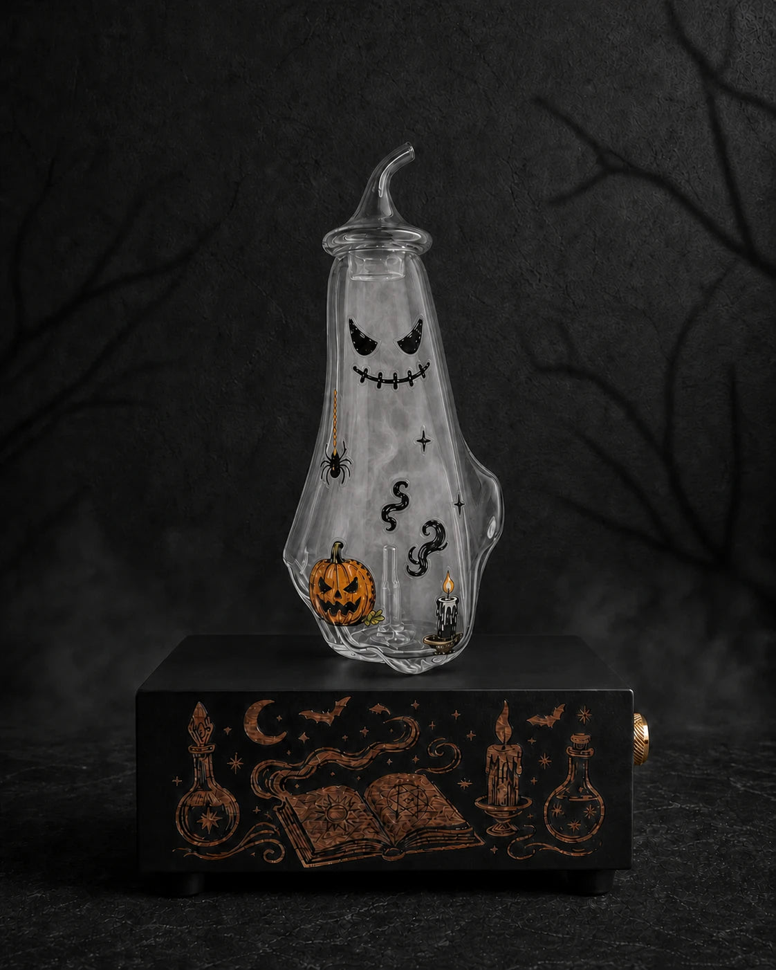 DIY example: The Apothecary copper-engraved black MINI diffuser with its sticker-decorated Ghost bottle producing evenly distributed aromatic mist