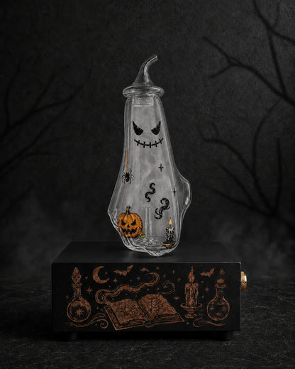 DIY example: The Apothecary copper-engraved black MINI diffuser with its sticker-decorated Ghost bottle producing evenly distributed aromatic mist