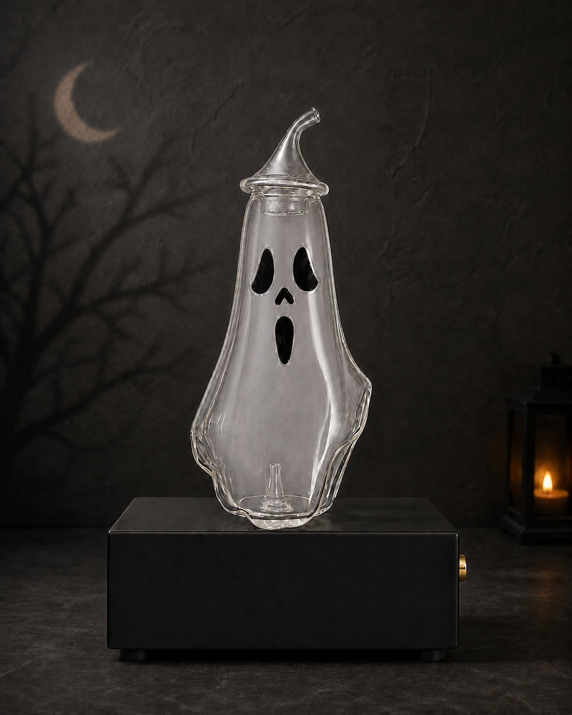 Ghost diffuser decorated with a classic ghost face, cold-air mist rising