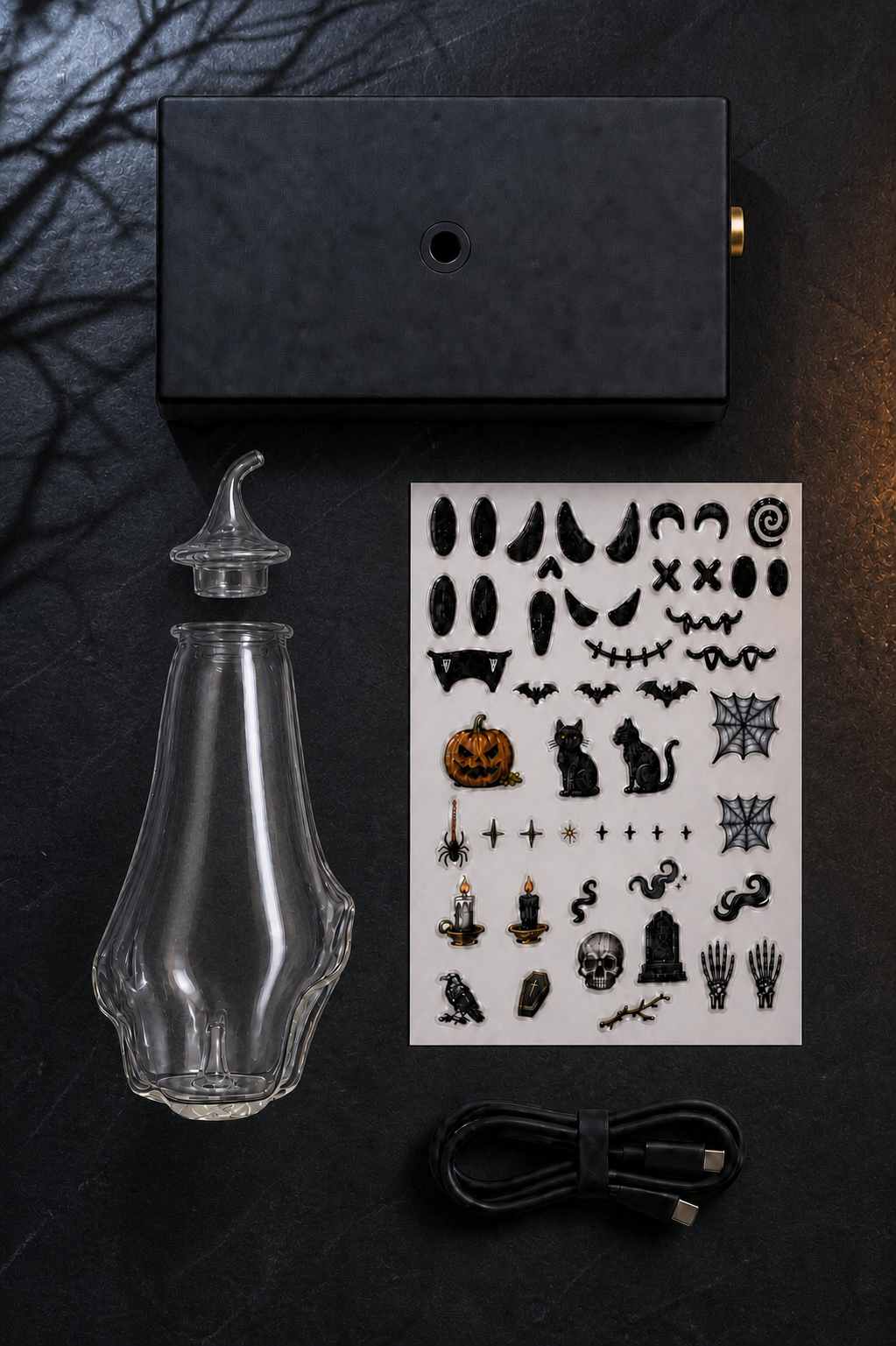 MINI Ghost Complete Set: black rechargeable MINI base, ghost glass, Halloween sticker sheet, USB-C cable